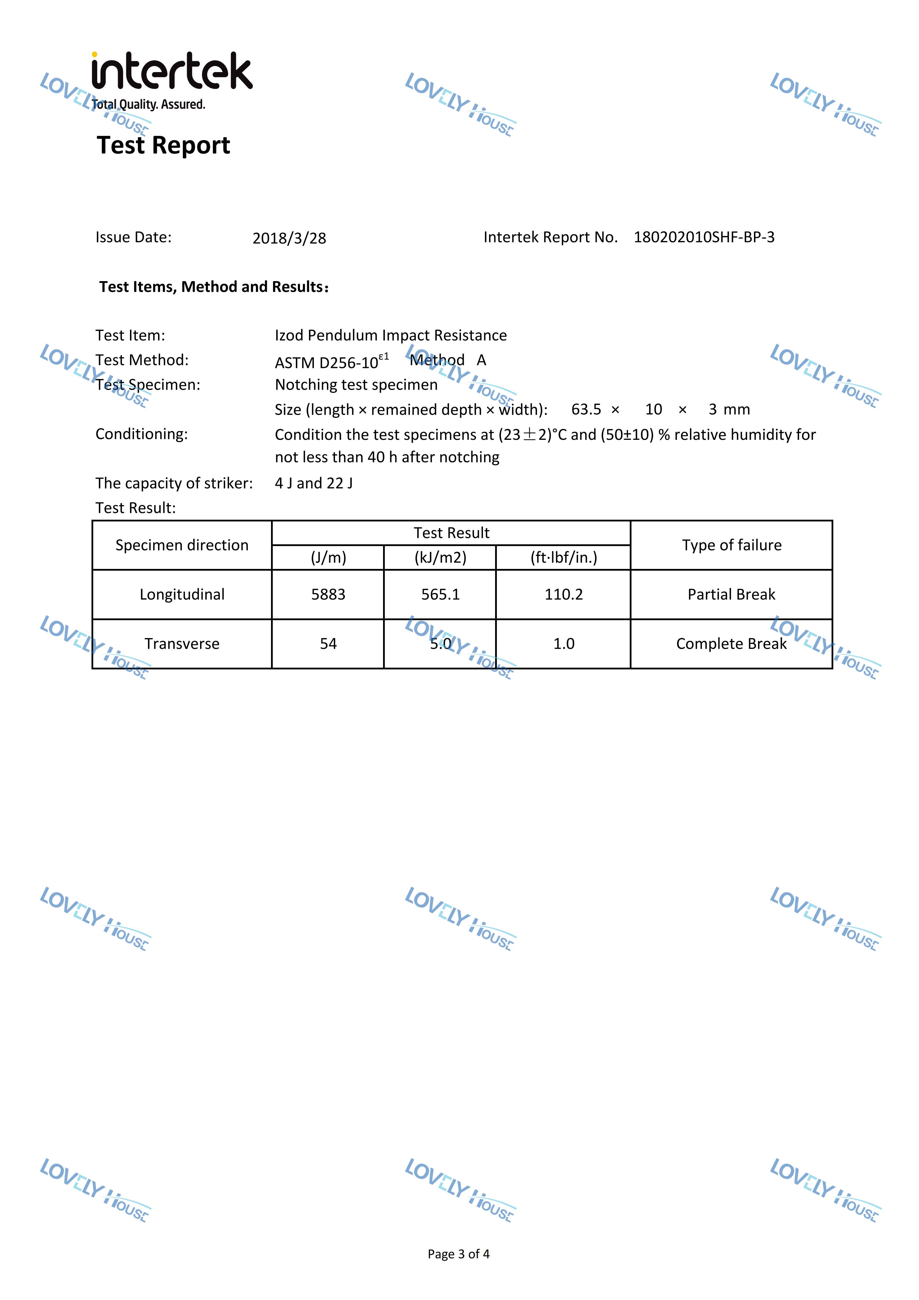 爱乐居玻纤聚氨酯复合材料型材耐冲击检测-Intertek