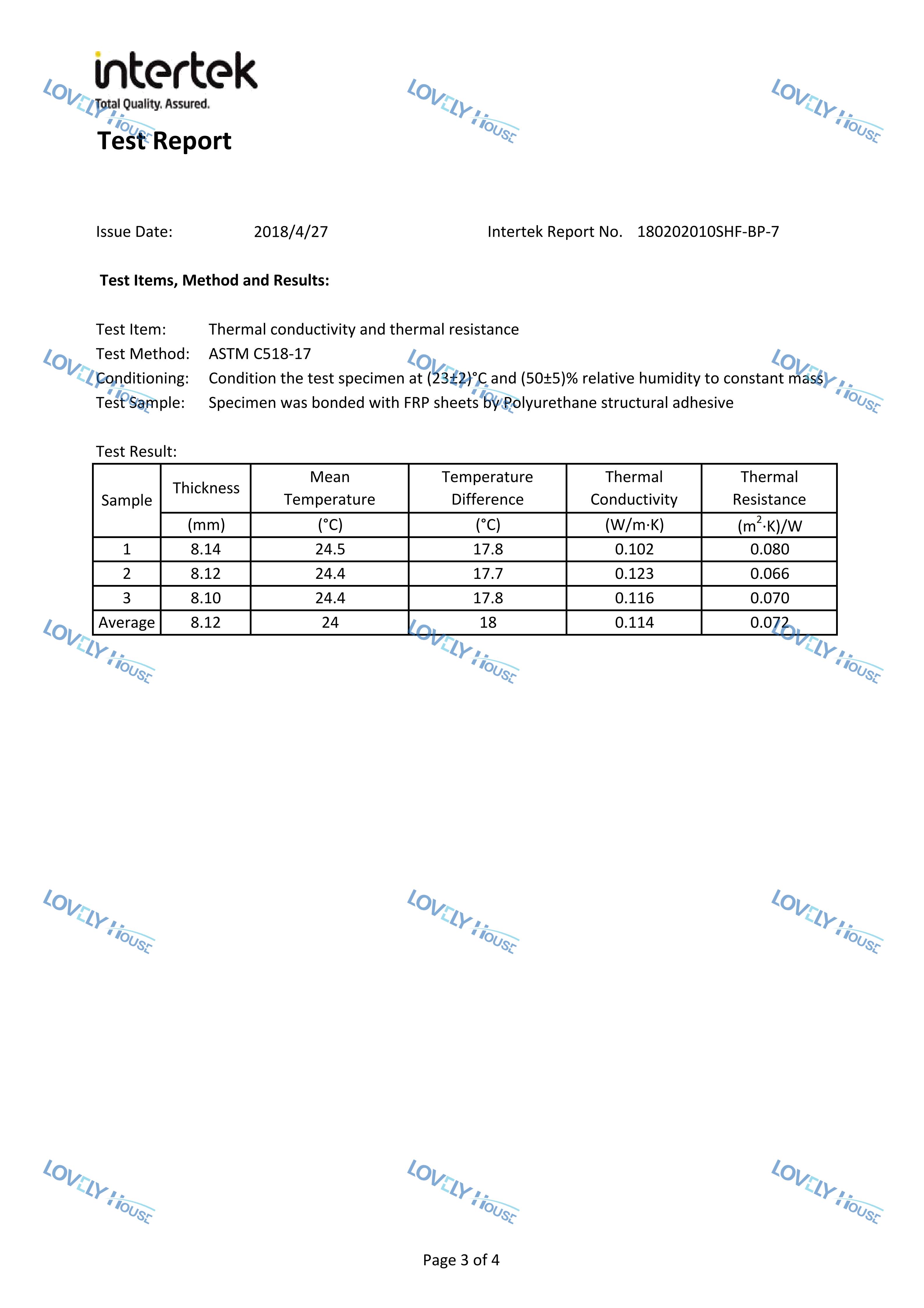 爱乐居玻纤聚氨酯复合材料型材导热系数检测-Intertek